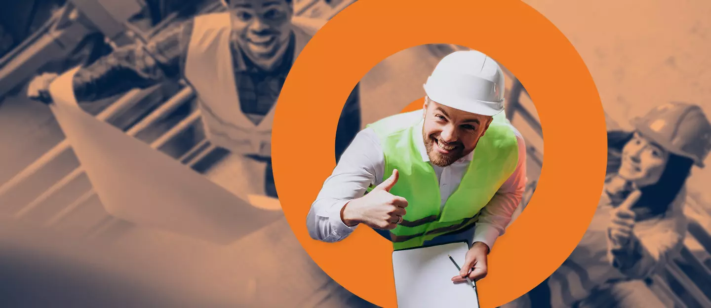 Group of construction workers in safety gear walking on a building site, with an artistic orange and blue target overlay in the background.