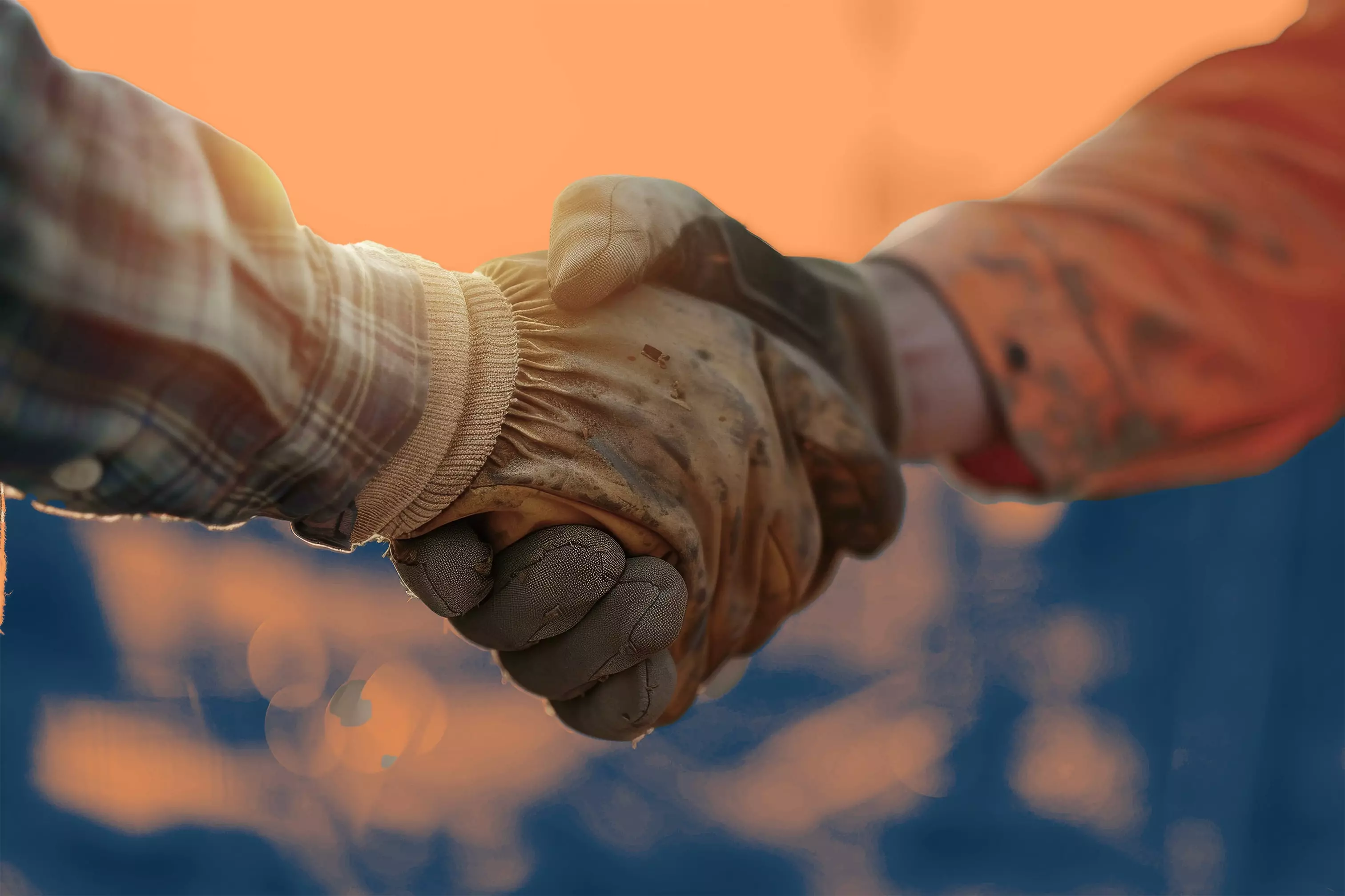 Close-up of two construction workers shaking hands while wearing gloves, symbolizing trust and partnership.