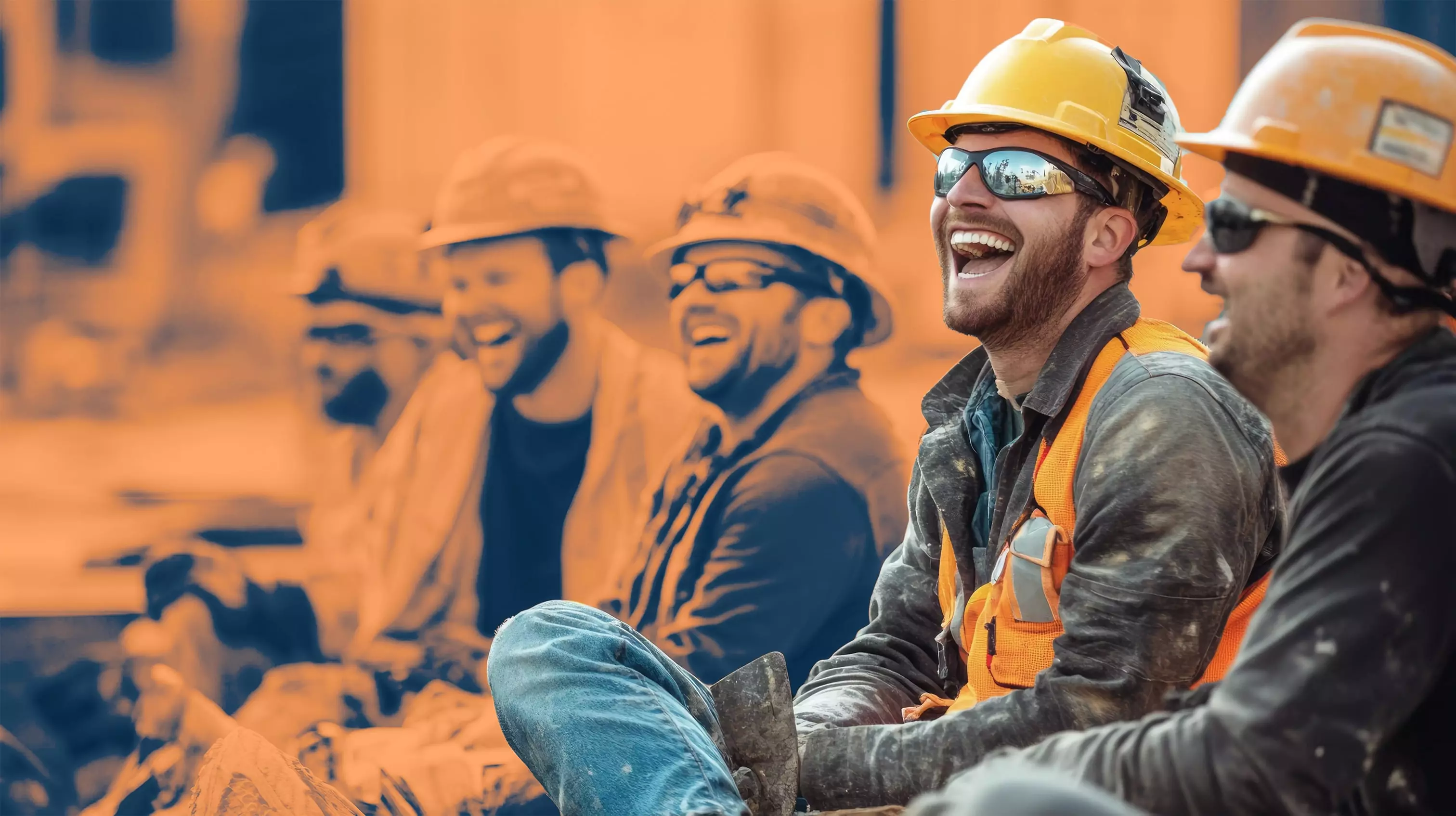 Group of construction workers wearing helmets and safety vests, sitting together and laughing during a break.