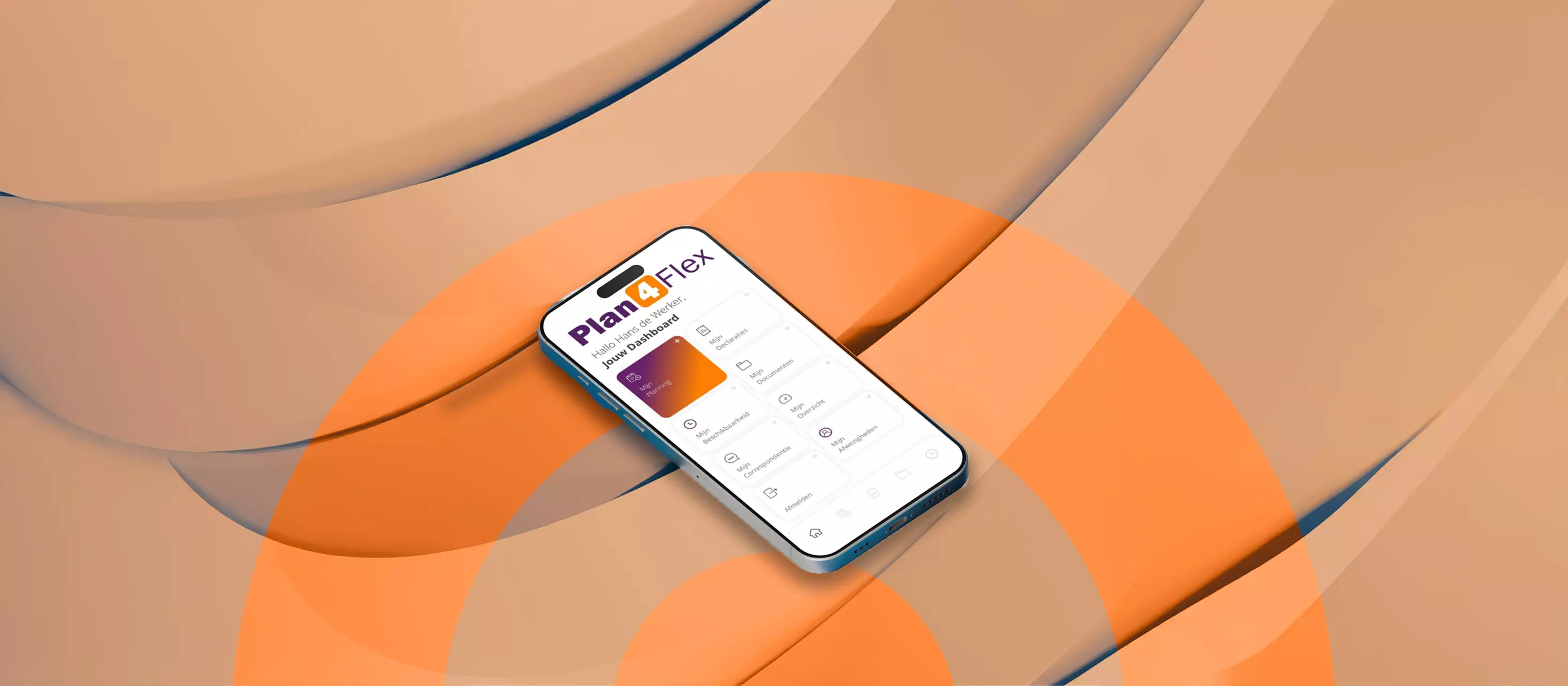 Smartphone displaying the Plan4Flex worker dashboard app with orange abstract background.