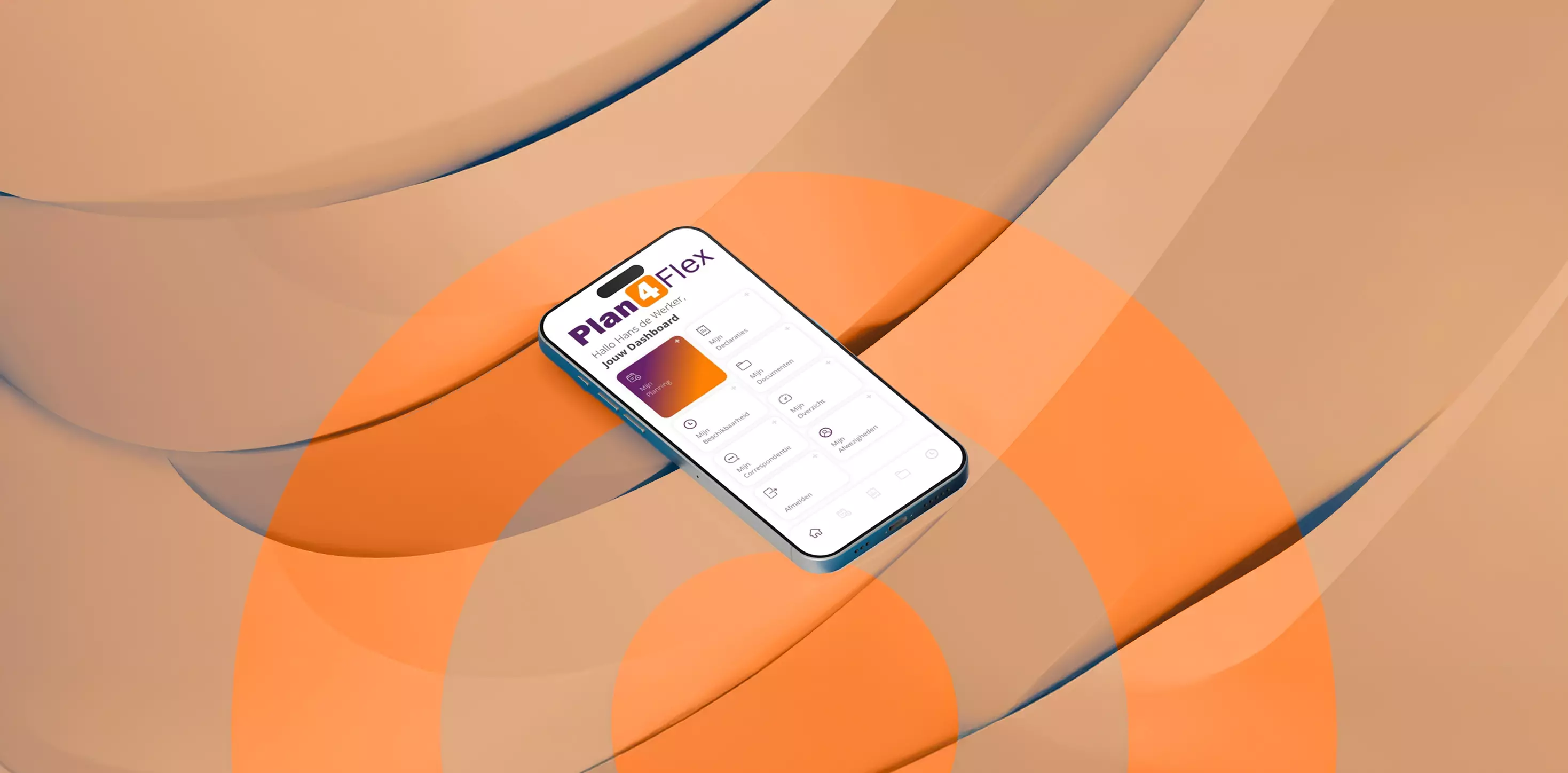 Smartphone displaying the Plan4Flex worker dashboard app with orange abstract background.