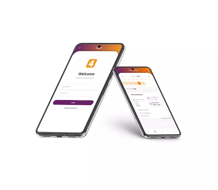 Two smartphones showing login and dashboard screens of the payroll or planning app used by ORANJEGROEP workers.
