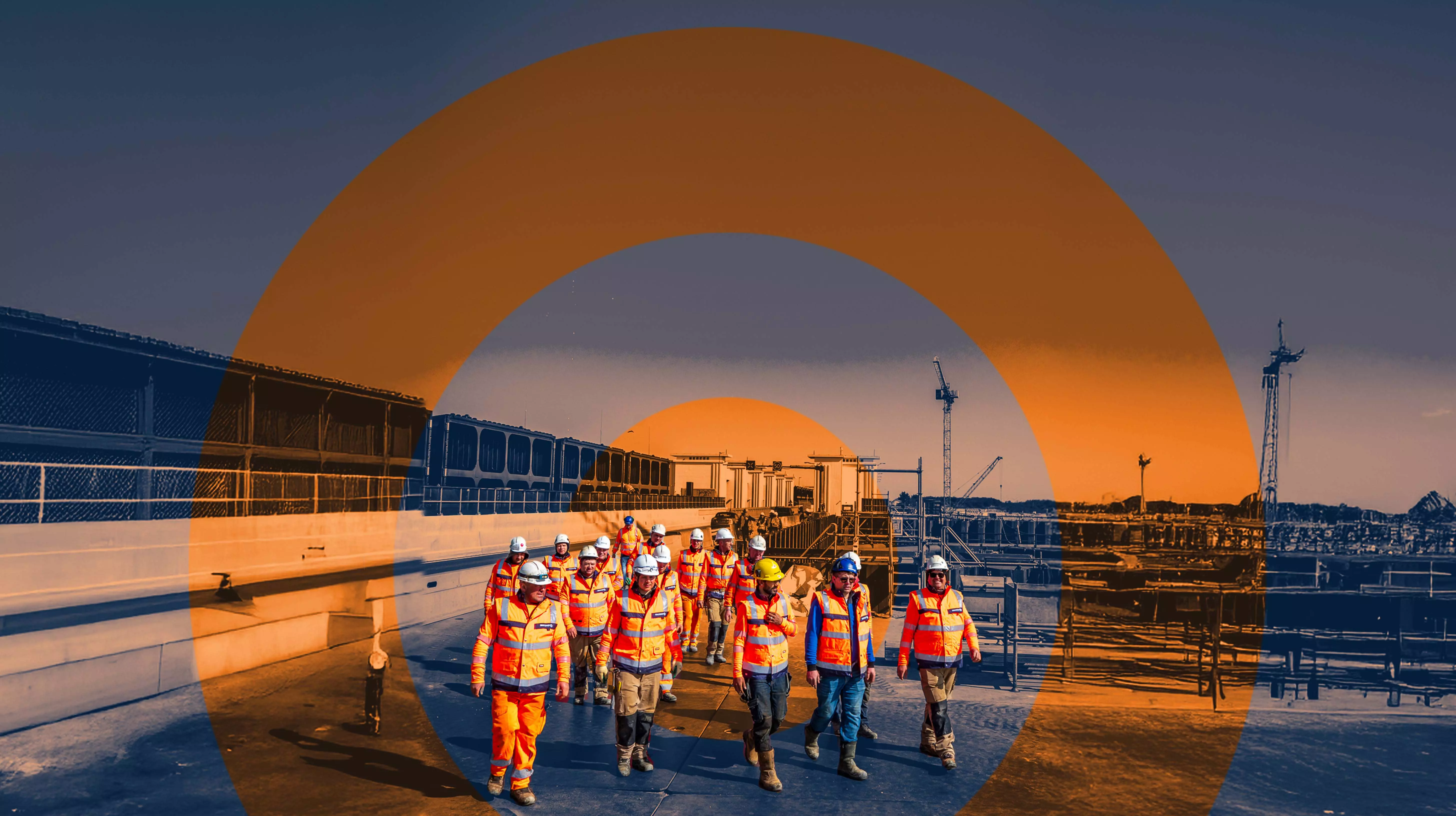 Group of construction workers in safety gear walking on a building site, with an artistic orange and blue target overlay in the background.