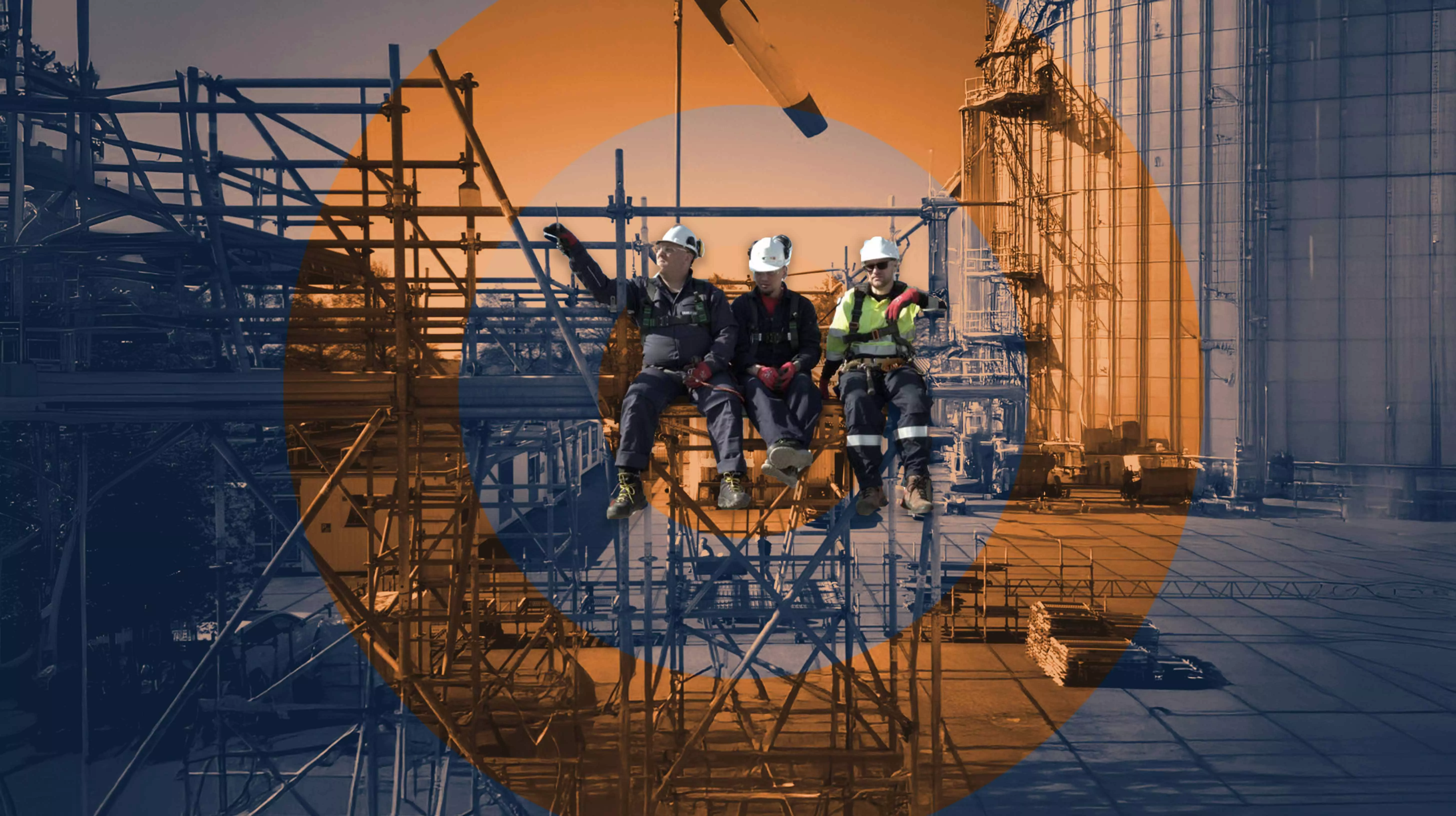 Three construction workers sitting on scaffolding, wearing safety gear, with an industrial site in the background and an artistic orange-blue overlay.