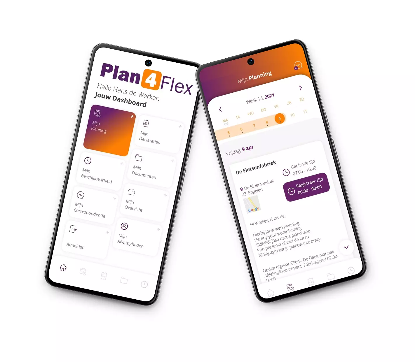 Two smartphones showing login and dashboard screens of the payroll or planning app used by ORANJEGROEP workers.