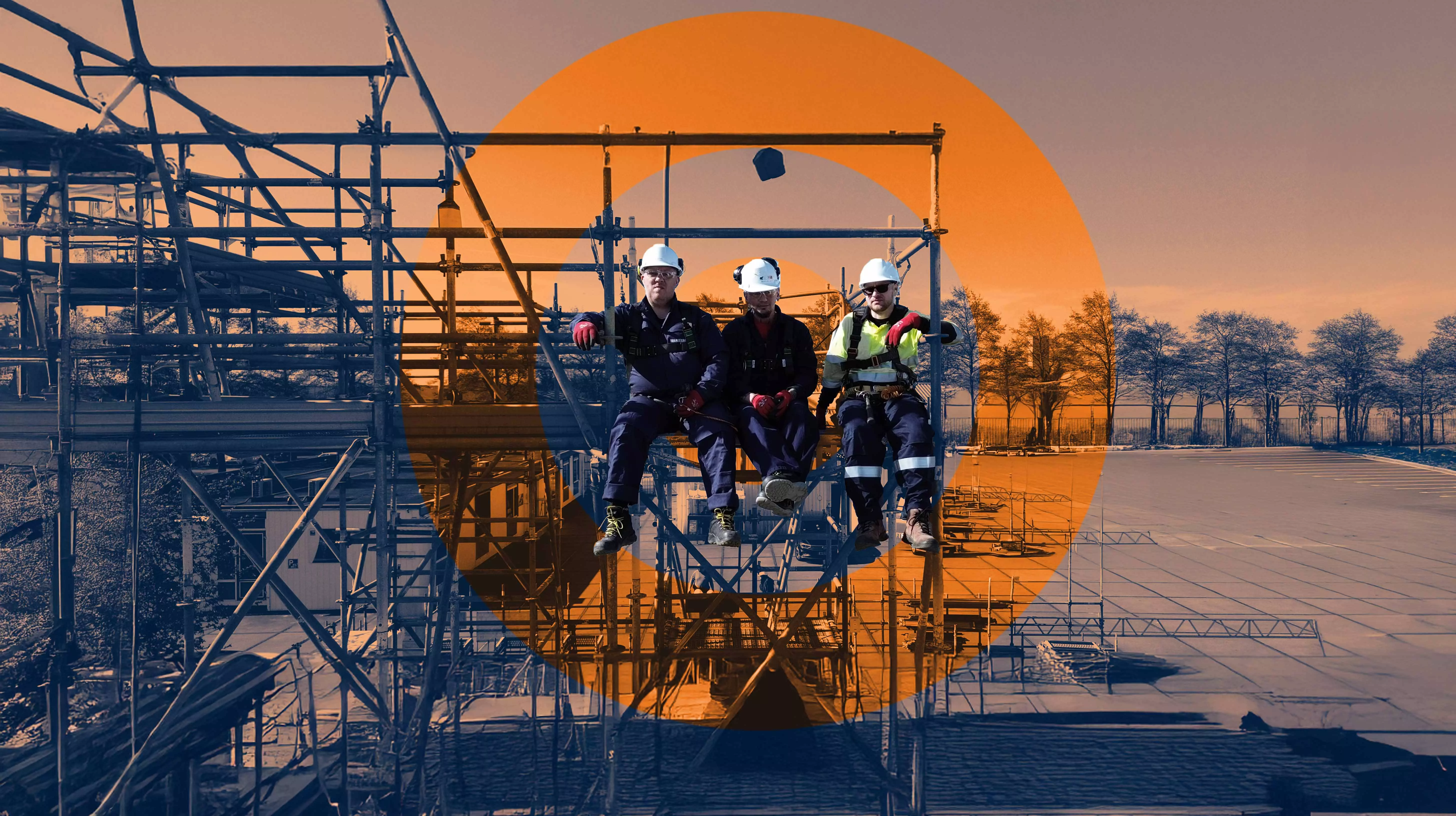 Three construction workers sitting on scaffolding, wearing safety gear, with an industrial site in the background and an artistic orange-blue overlay.